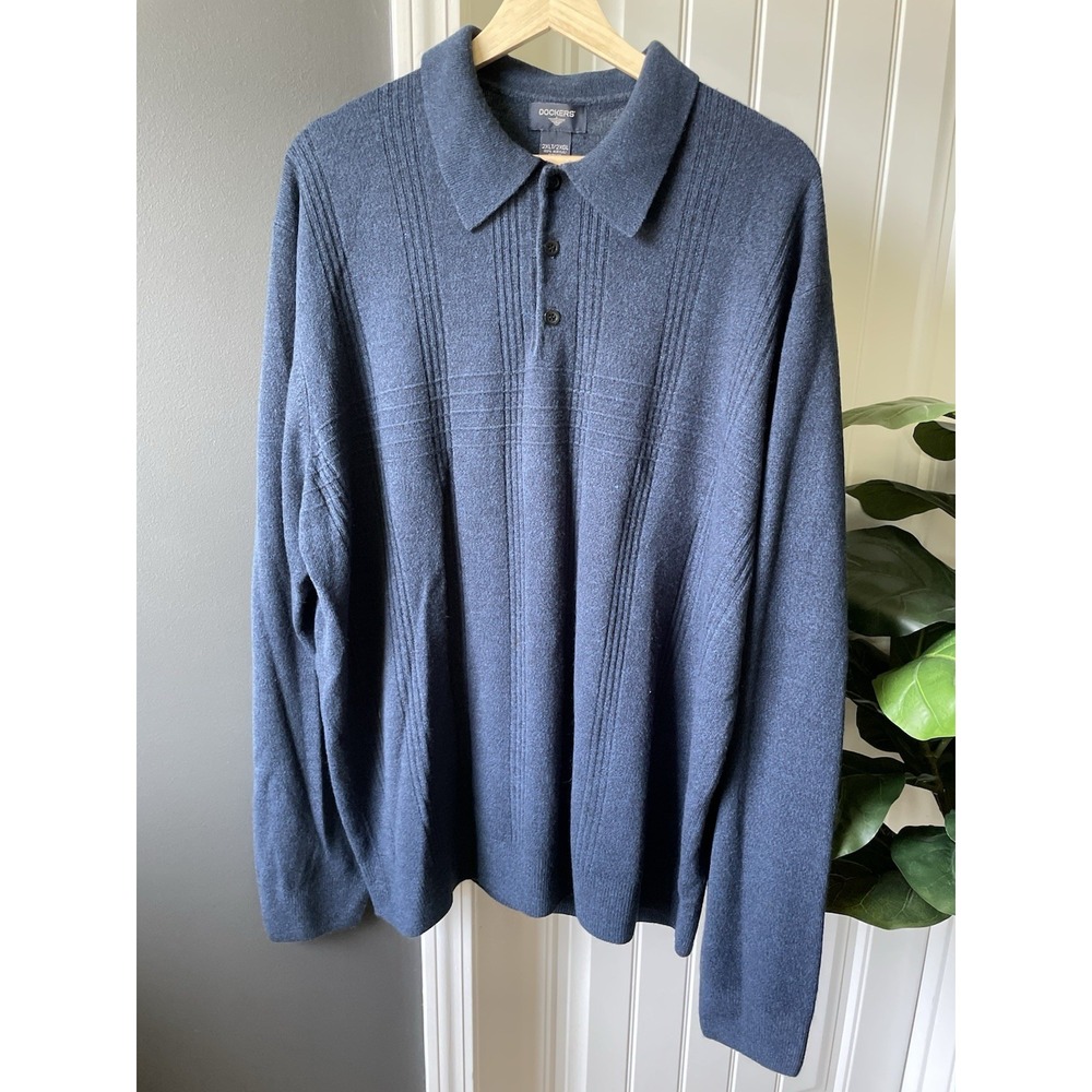 Vintage Dockers Men's 2XLT Knit Polo Sweater Blue Long Sleeve